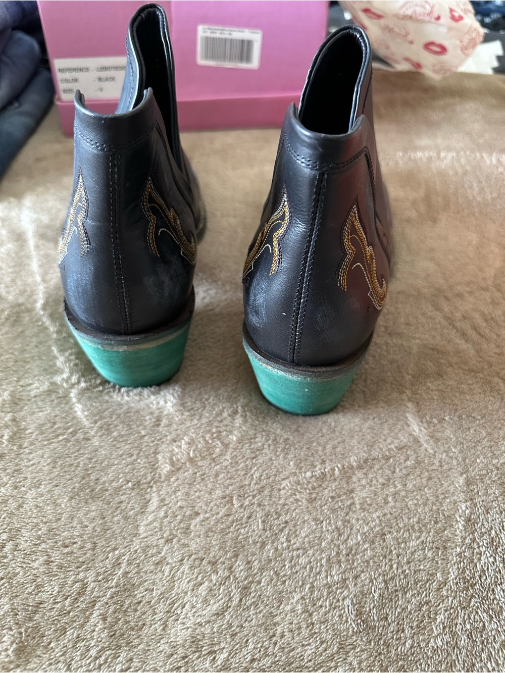 Black Distressed Leather Ankle Booties with Turquoise Accent - Picture 3 of 5